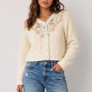 NEW Free People FP One Pixie Cardi Beaded Floral Cropped Cardigan Sweater XS